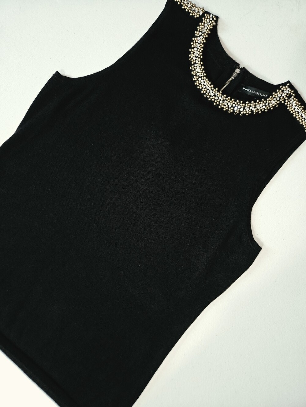 WHBM Black Sleeveless Sweater Top Embellished Gold Crystal Neckline Petite Large